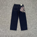 derschutze blossom v2 raw denim loose straight leg casual jeans with cherry blossom embroidery - trendy