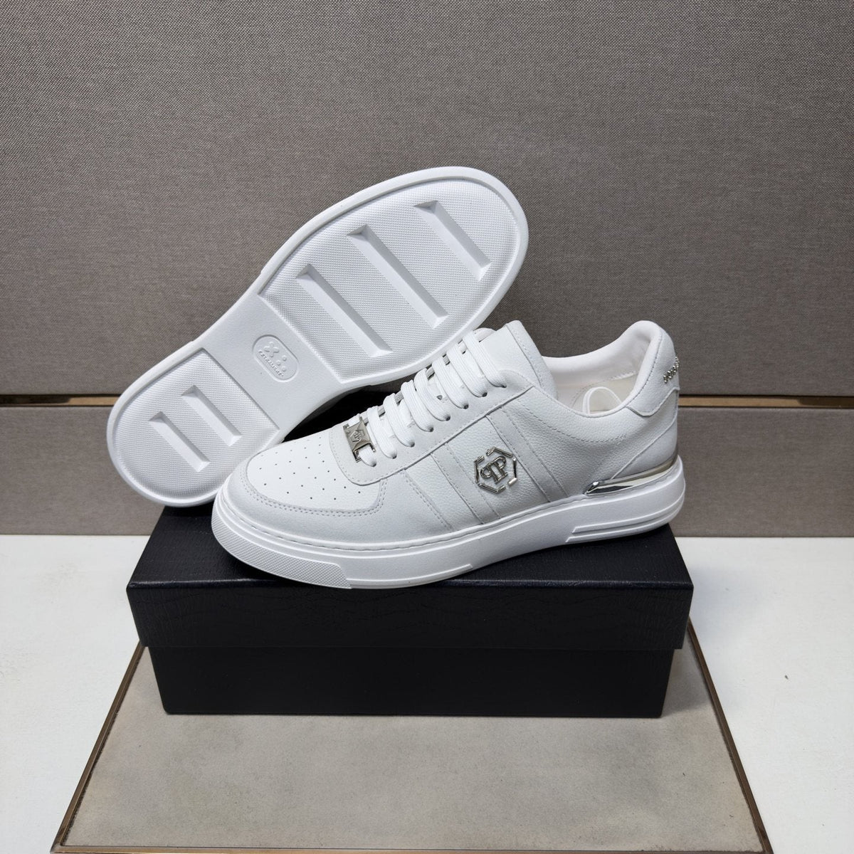 Philipp Plein White Low-Top Sneakers with Silver Accents